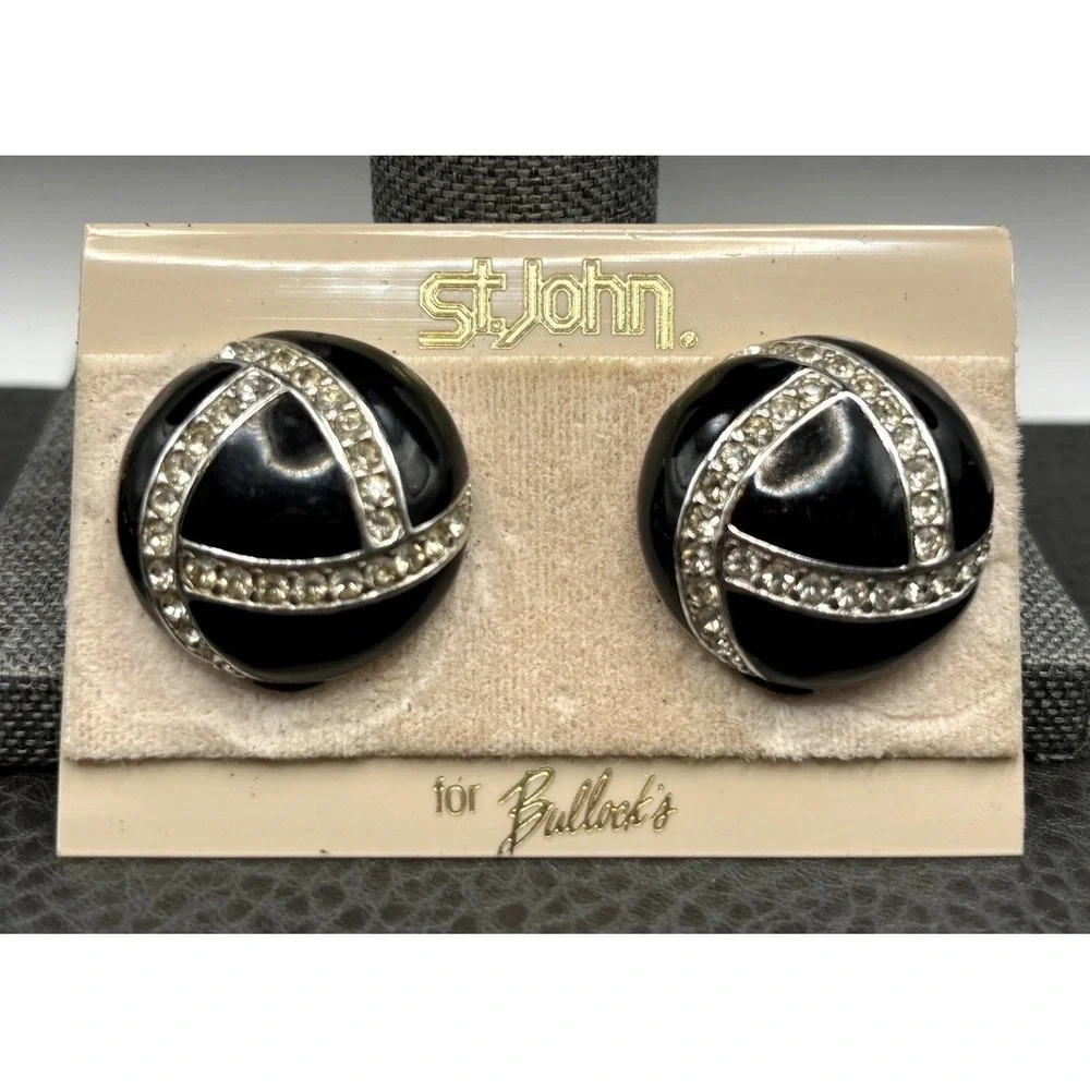 Vintage St. John 80s Black Enamel Glass Rhinestone Clip Earrings Silver Tone
